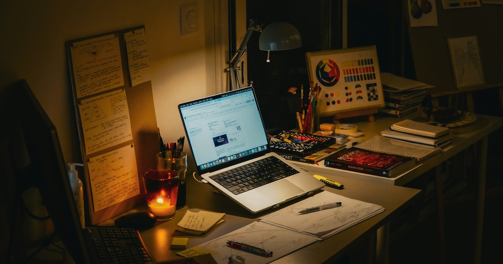 Mesa de estudo à noite com laptop, anotações e uma vela acesa